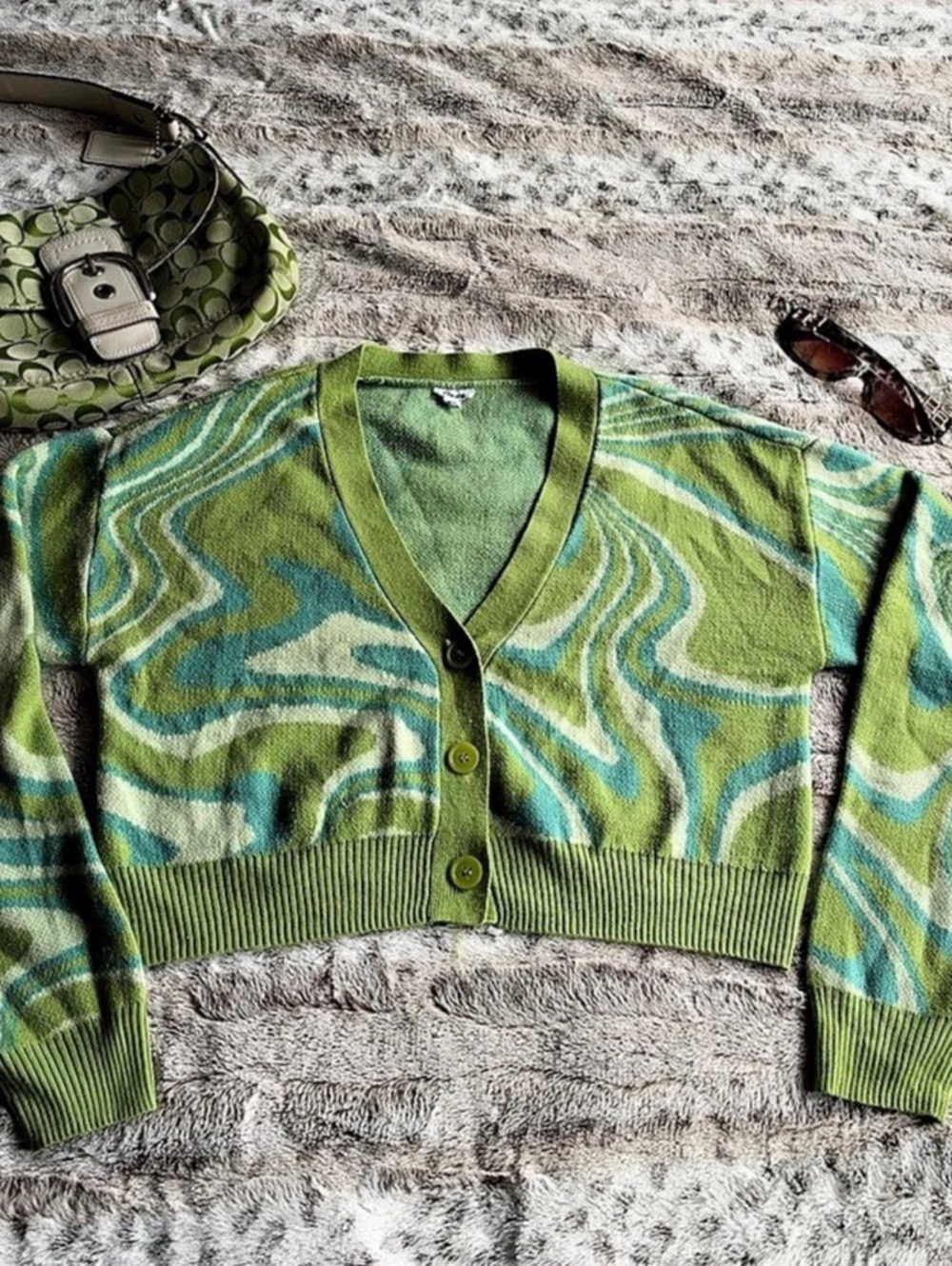 Y2K Garage Cropped Cardigan in Green & Blue